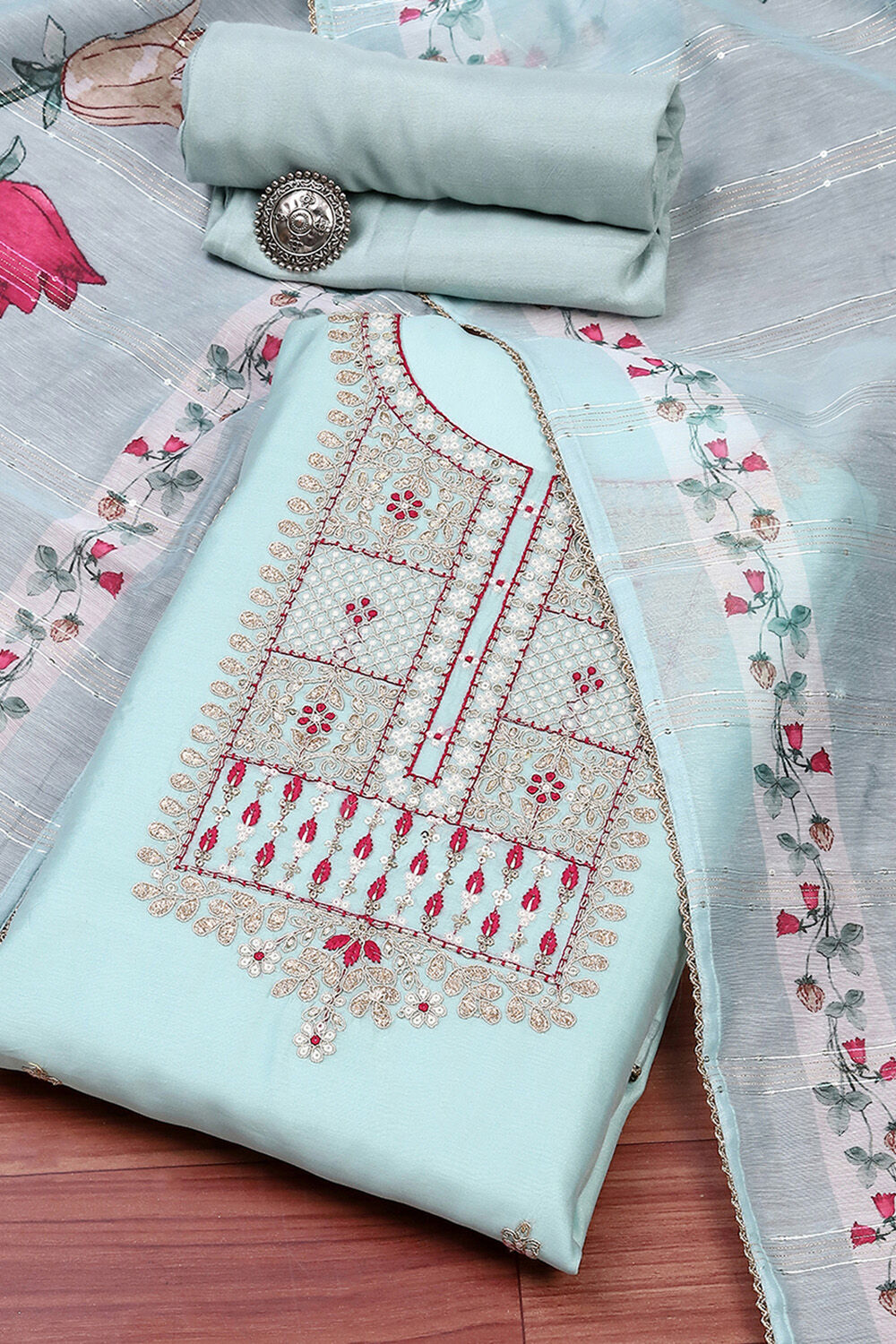 Beige Cotton Blend Machine Embroidered Unstitched Suit Set image number 0
