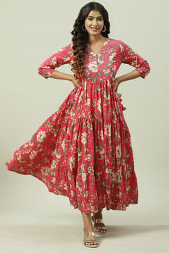 Pink Cotton Tiered Printed Dress image number 0