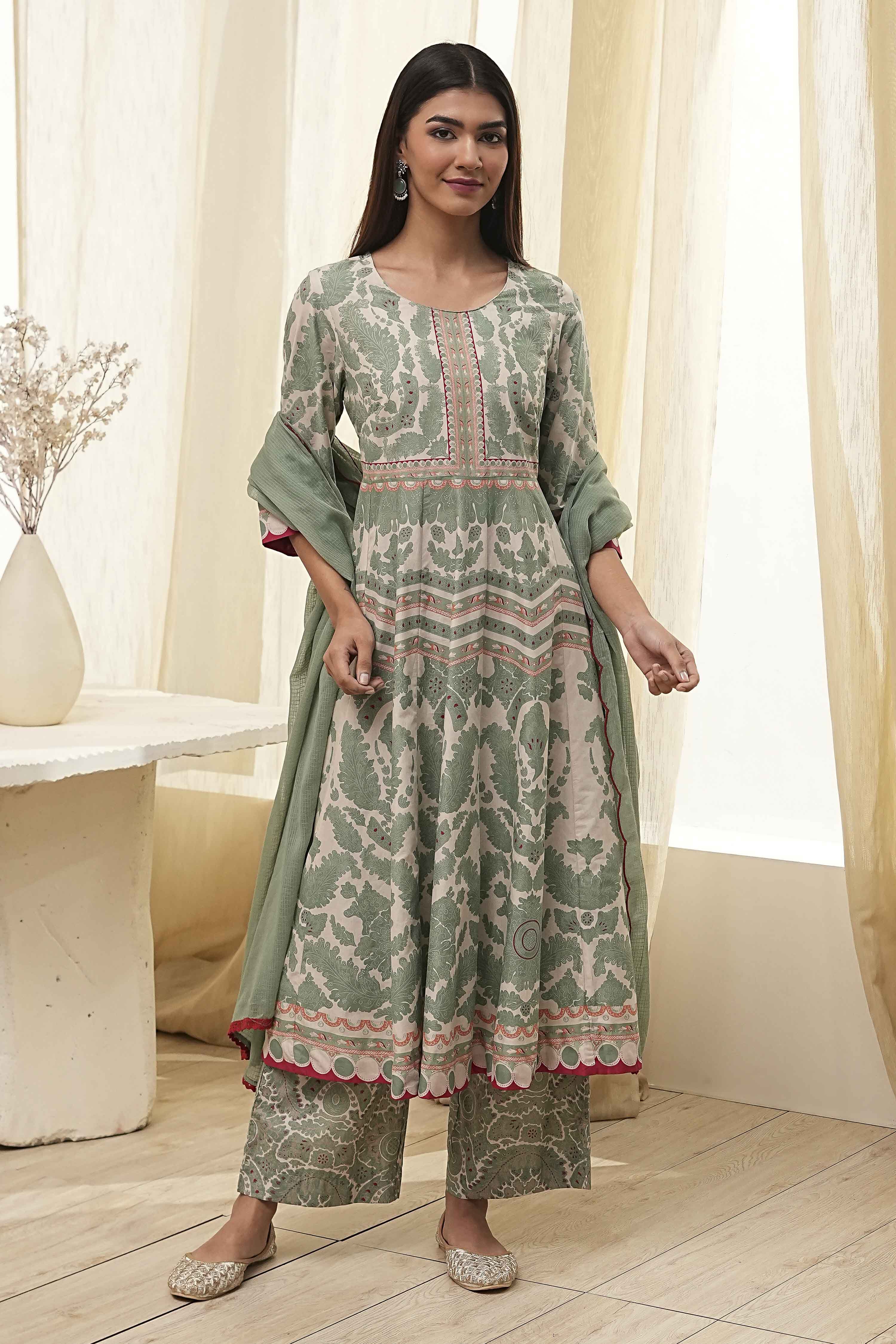 Green Cotton Printed Anarkali Suit Set image number 6