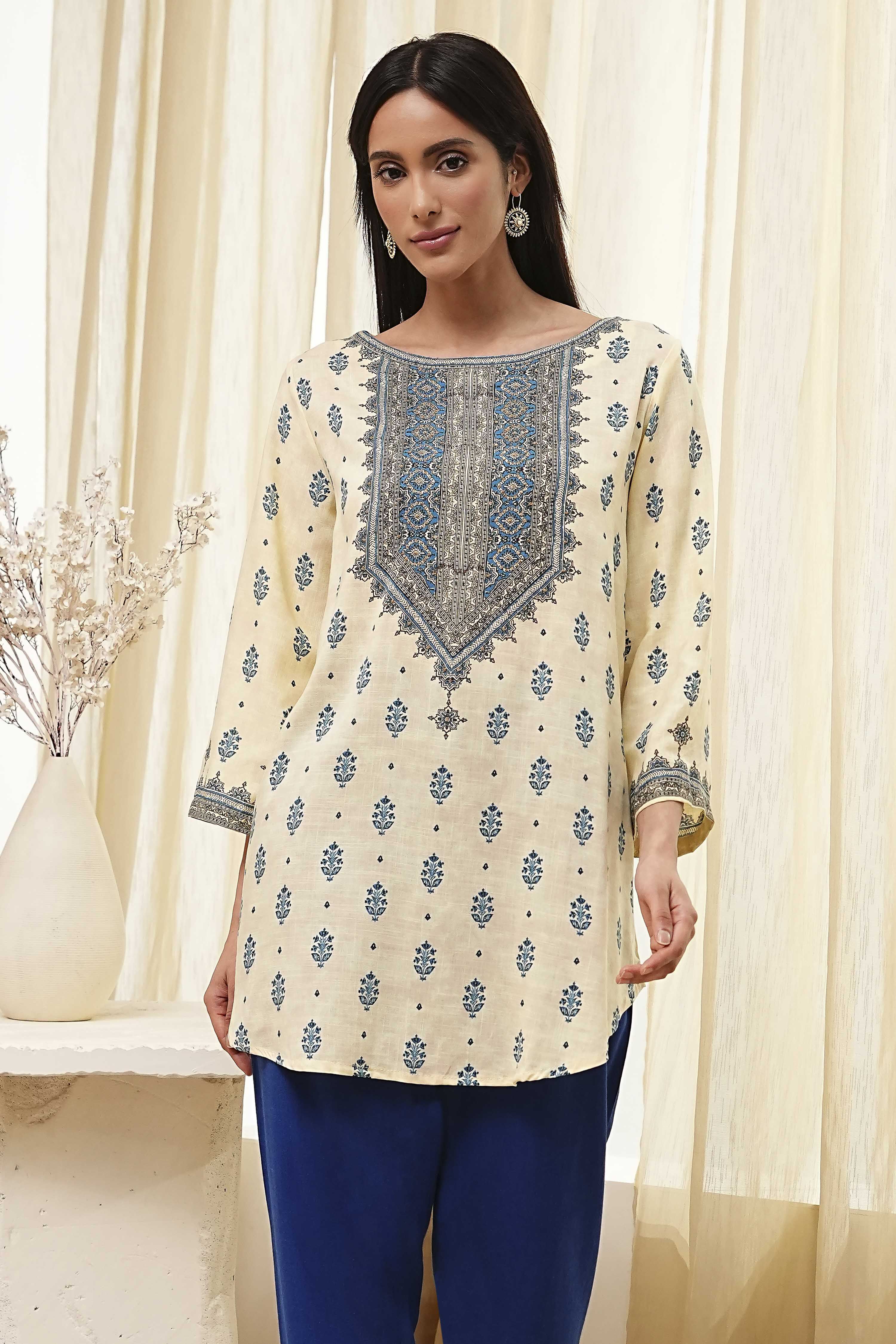 Beige Printed Straight Short Kurta image number 5