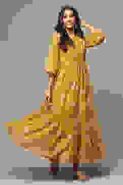 Golden Yellow Cotton Blend Tiered Printed Dress image number 0