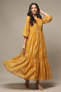 Golden Yellow Cotton Blend Tiered Printed Dress image number 0