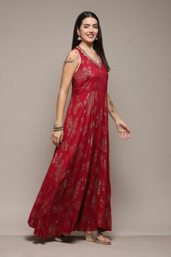 Cherry Red LIVA Flared Printed Dress image number 4
