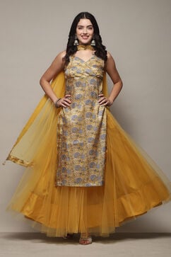 Yellow Poly Viscose Straight Kurta Skirt Suit Set image number 0
