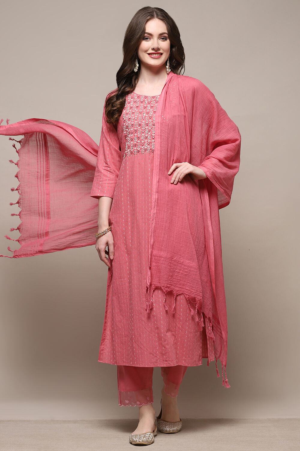Peach-Colored Cotton Embroidered Unstitched Suit set image number 1