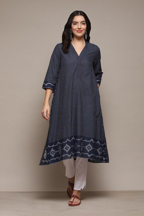 Navy Cotton Straight Yarndyed Kurta image number 5