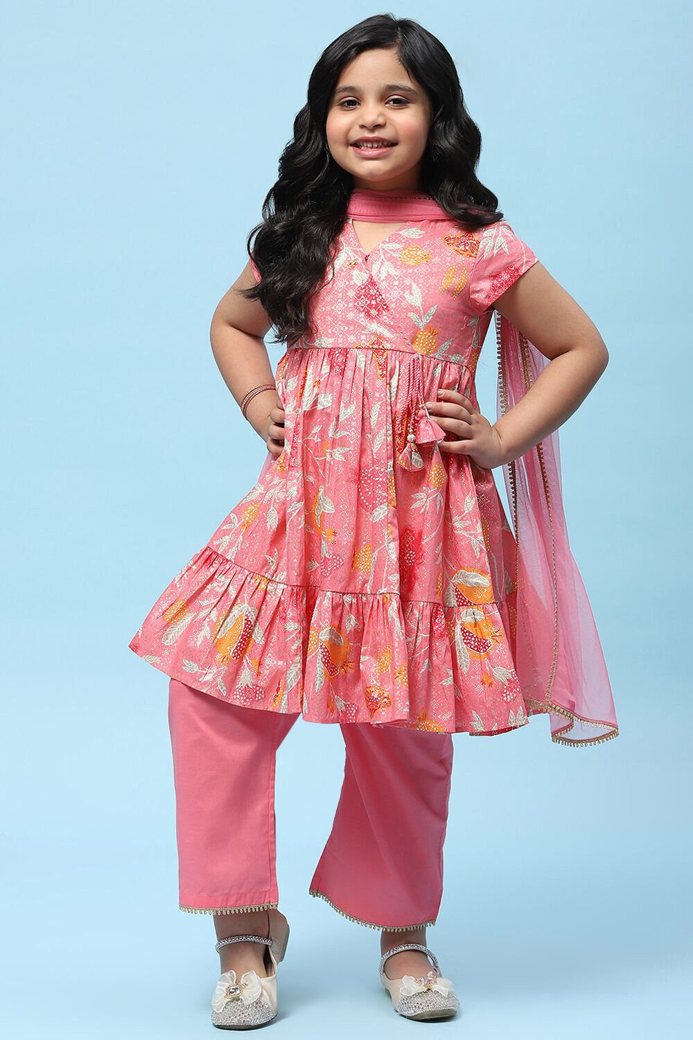 Pink Cotton Floral Printed Gathered Tiered Suit Set image number 0
