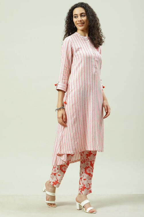 White and Red Straight Kurta Slim Pants Suit Set image number 3