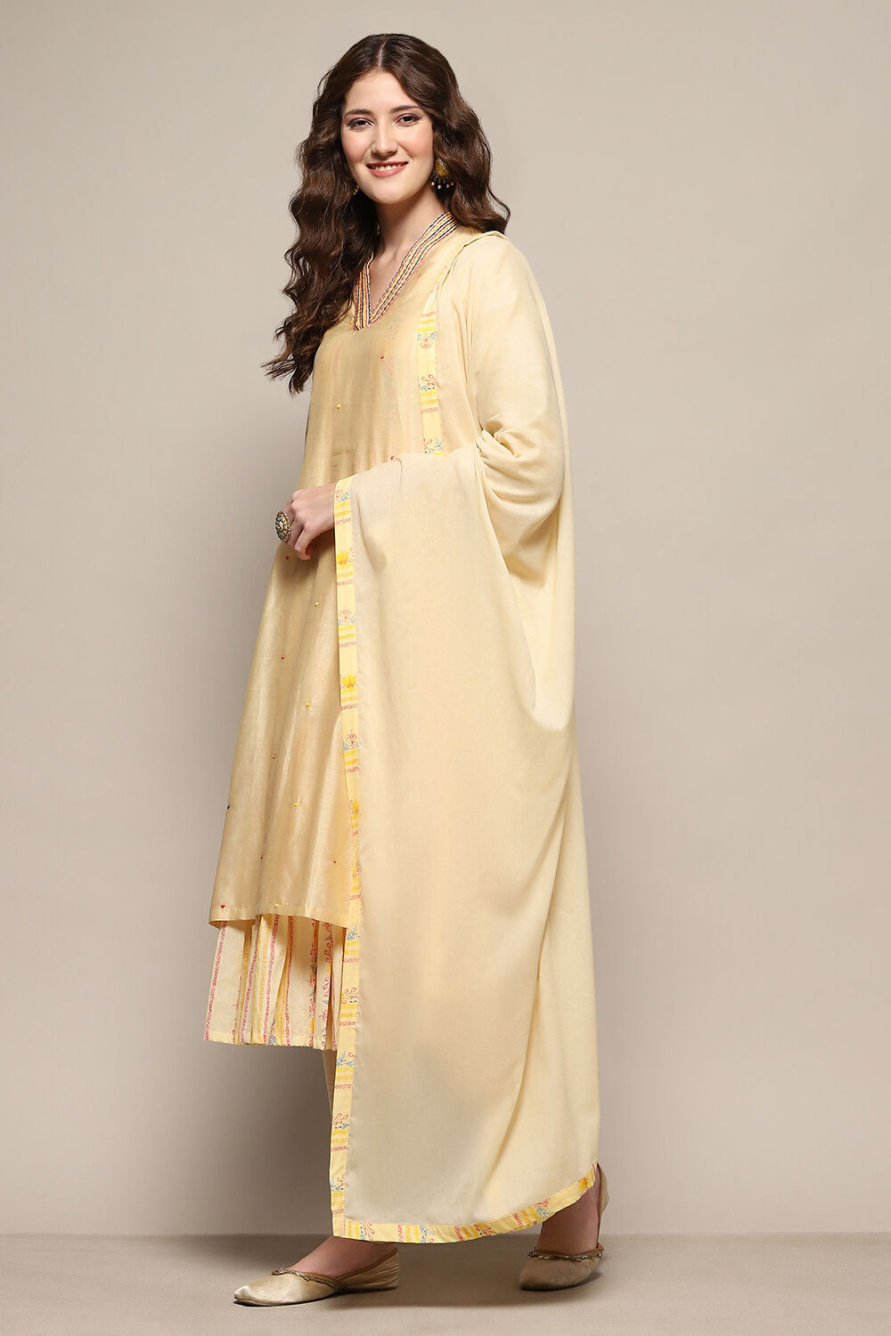 Beige Cotton Blend Embroidered Layered Suit Set image number 4