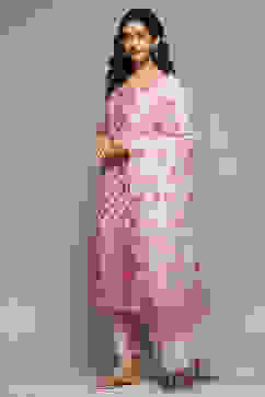 Peach Cotton Blend Straight Yarndyed Kurta Suit Set image number 5