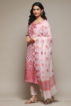 Peach Cotton Blend Straight Yarndyed Kurta Suit Set image number 5