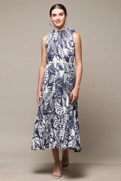 Navy Rayon Tiered Dress with Belt image number 5