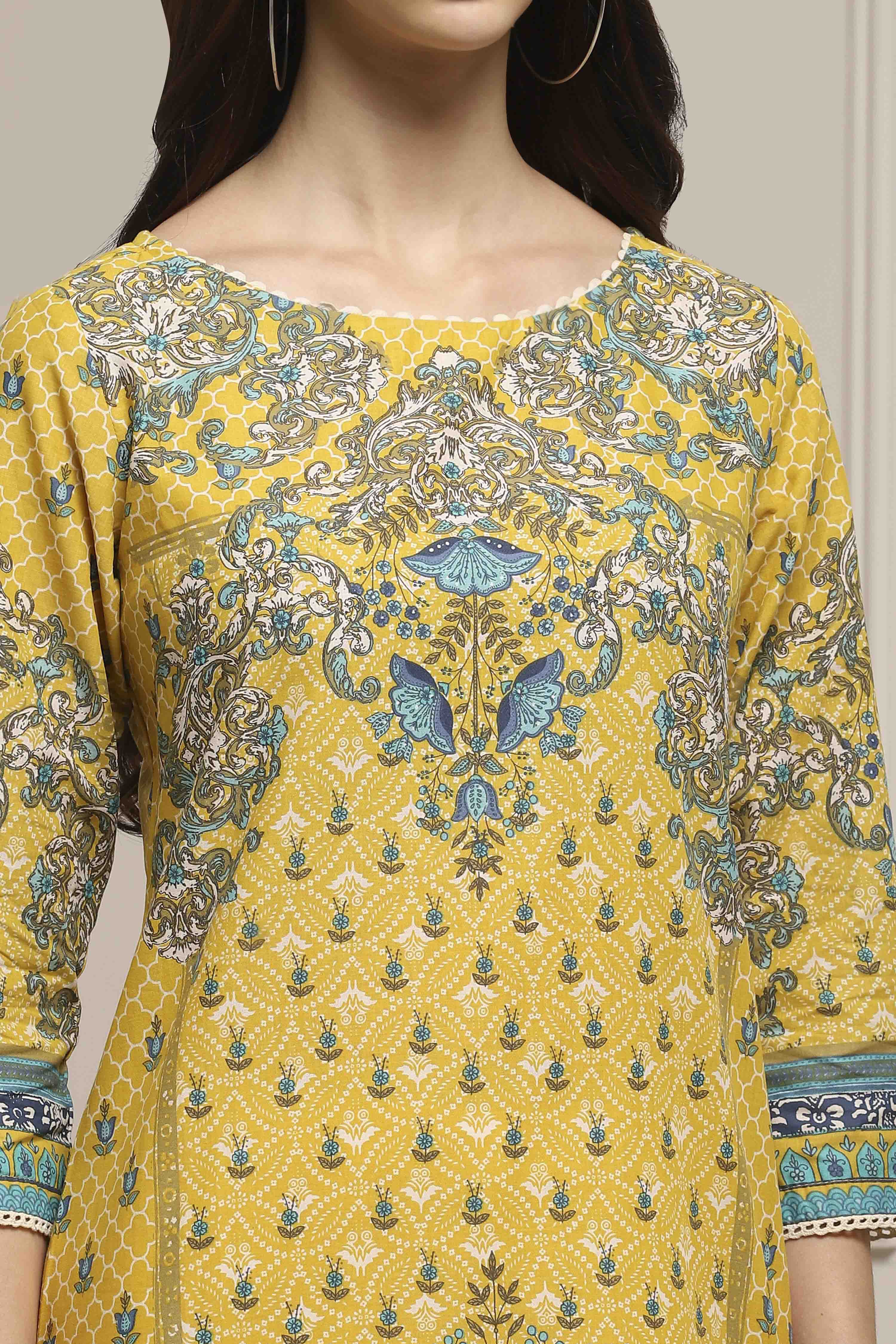 Yellow Cotton Printed Straight Kurta image number 1