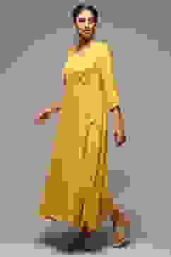Yellow Cotton Blend Flared Dress image number 2