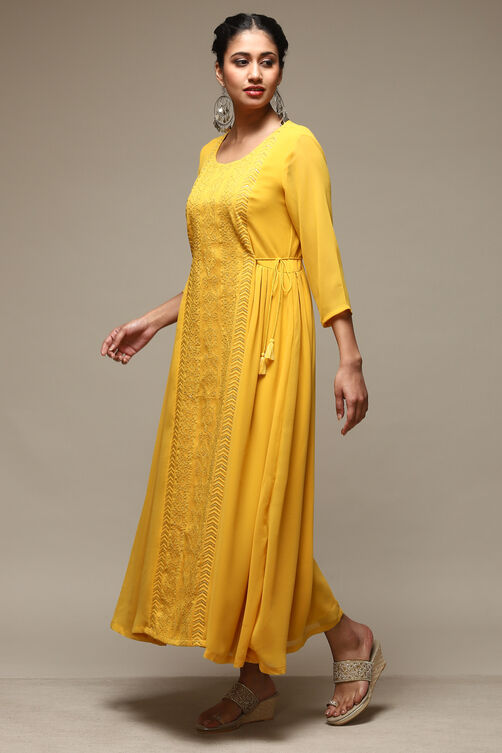 Yellow Cotton Blend Flared Dress image number 2