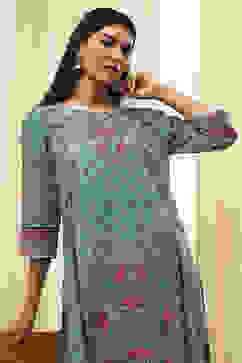 Teal Cotton Printed Straight Kurta image number 1