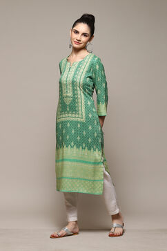 Green LIVA Straight Printed Kurta image number 2