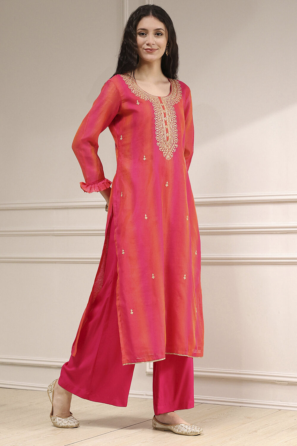 Pink Chanderi Machine Embroidered Unstitched Suit Set image number 6