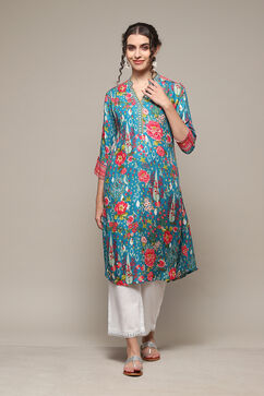 Teal Viscose Straight Printed Kurta image number 0