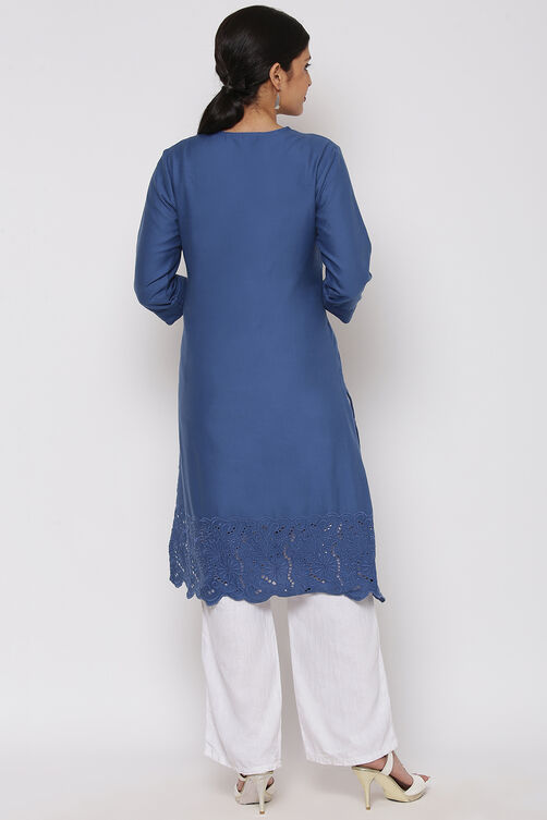 Blue Cotton Linen Solid Kurti image number 5