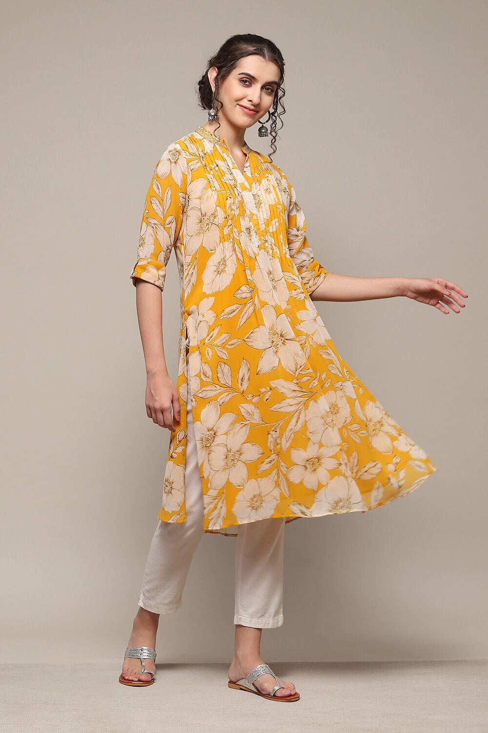 Yellow Polyester Straight Printed Kurta image number 3