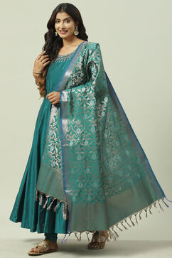 Teal Poly Viscose Anarkali Kurta Churidar Suit Set image number 5