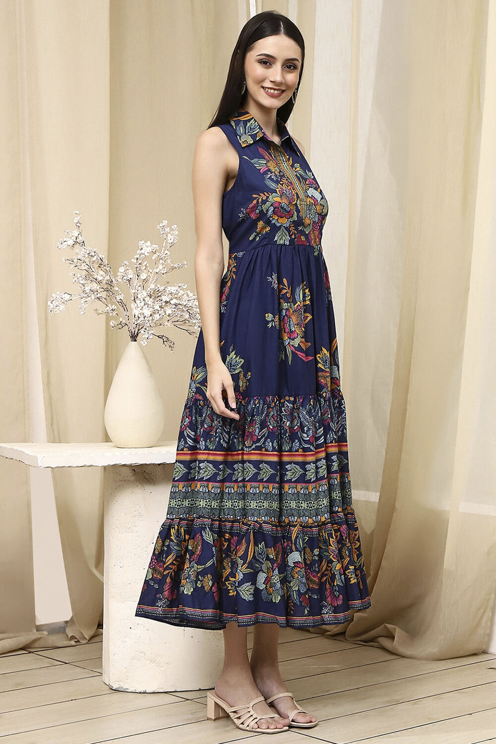 Indigo Cotton Floral Tiered Dress image number 4