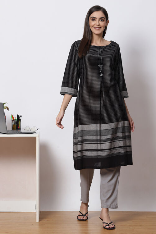 Black Cotton A-Line Yarndyed Kurta image number 0