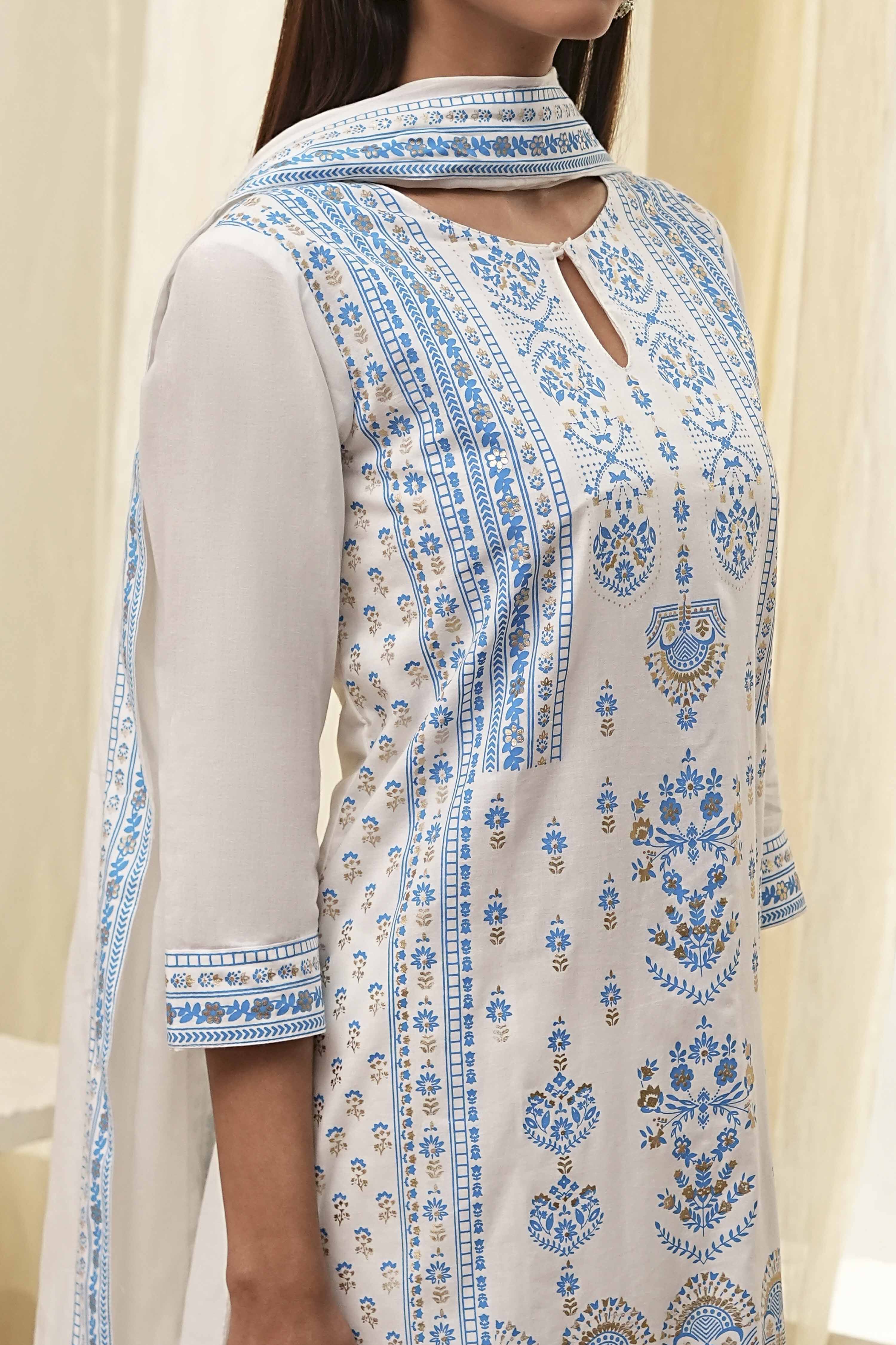 Off-White and Pink Cotton Straight Suit Set image number 1