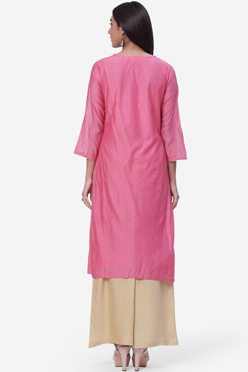 Pink Poly Cotton Kurta image number 4