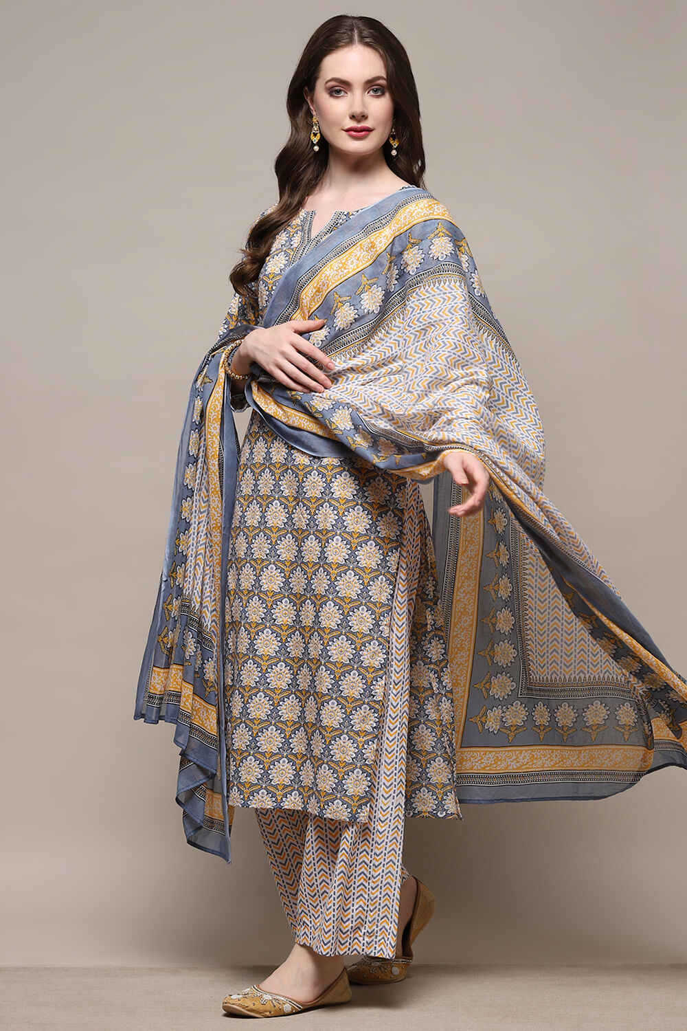 Blue Cotton Screen Printed Unstitched Suit Set image number 5