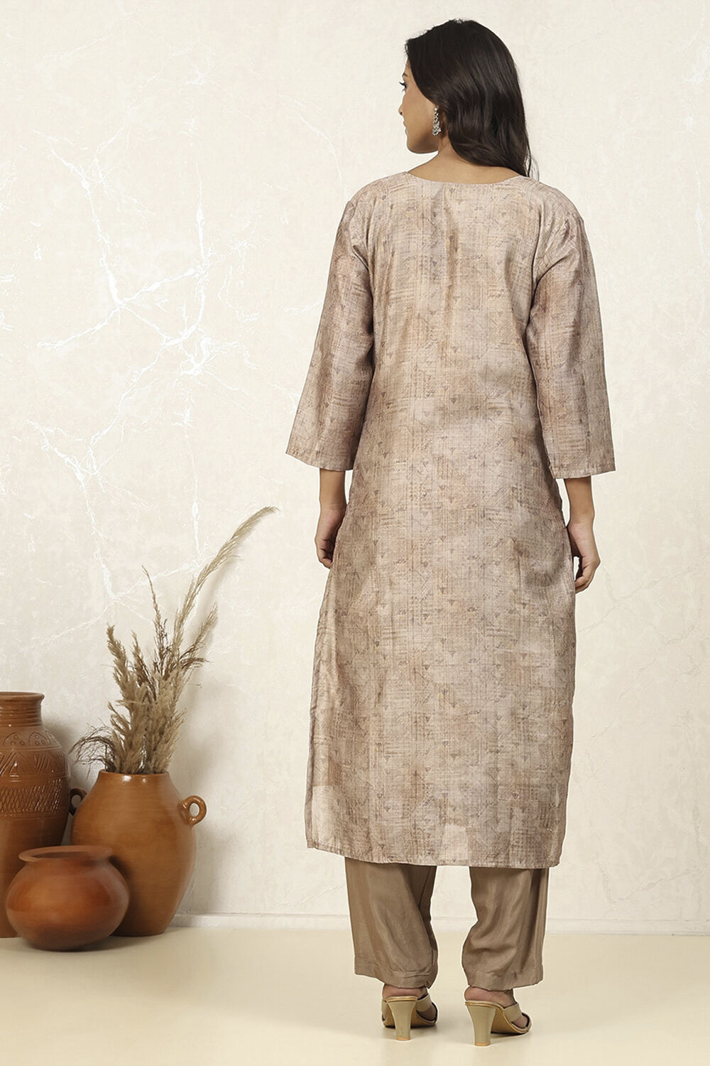 Peach Silk Blend Printed  Embroidered Unstitched Suit Set image number 5