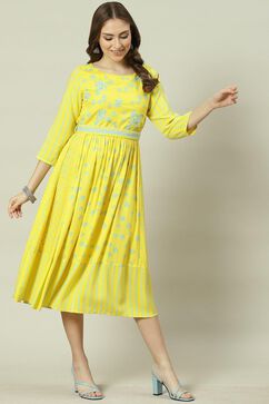 Yellow Cotton Flared Printed Kurta Dress image number 3