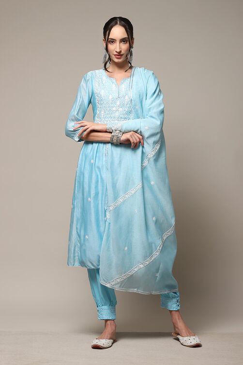 Sky Blue Cotton Blend Layered Kurta Salwar Suit Set image number 8