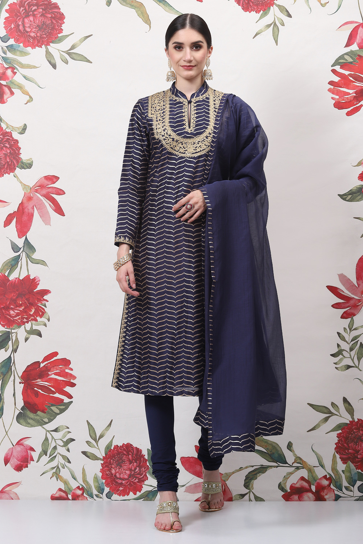 Blue Cotton Silk Straight Yarndyed Suit Set