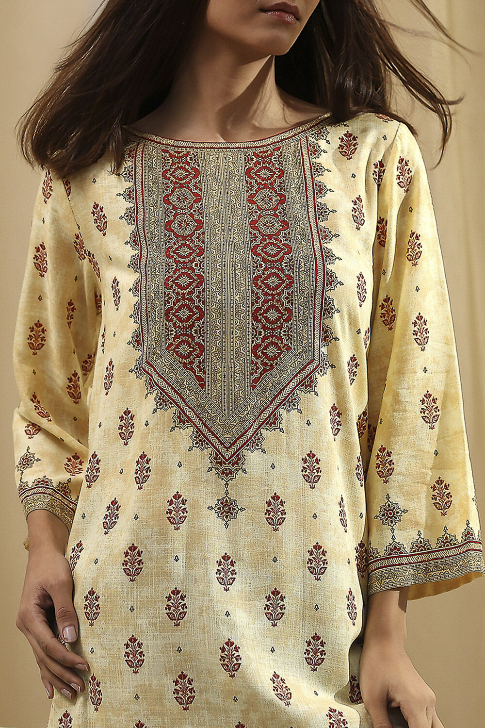 Beige Printed Straight Short Kurta image number 1
