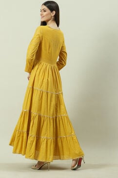 Mustard Cotton Flared Printed Dress image number 4