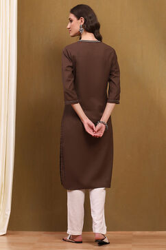Brown Cotton Blend Solid Regular Fit Straight Kurta image number 3