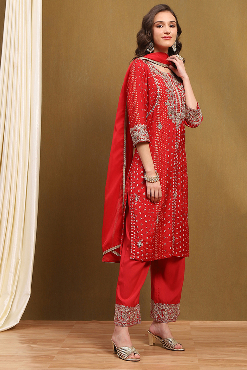 Red Modal Printed Festive Straight Suit Set image number 5