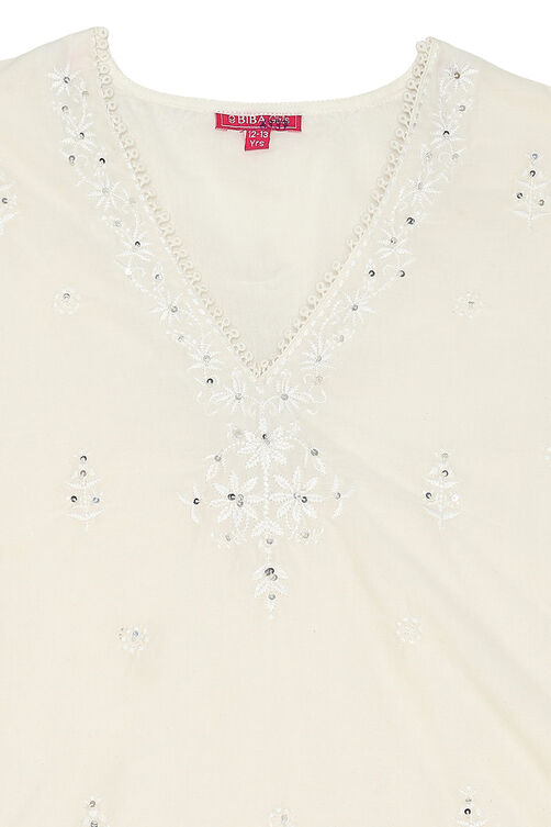 Off-White Embroidered Straight Suit Set image number 1