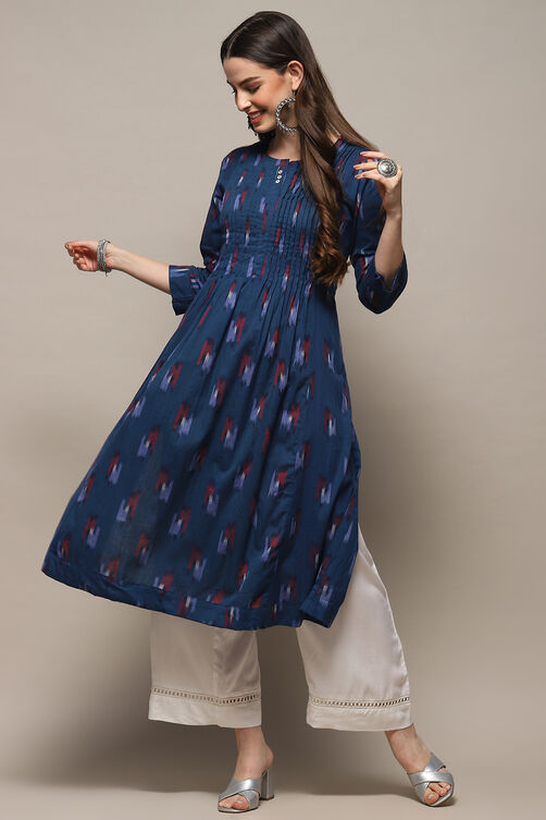 Navy Blue Cotton Printed Yard-Dyed Straight Kurta image number 0