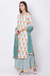 Teal And Off White Cotton Straight Kurta Skirt Suit Set image number 2