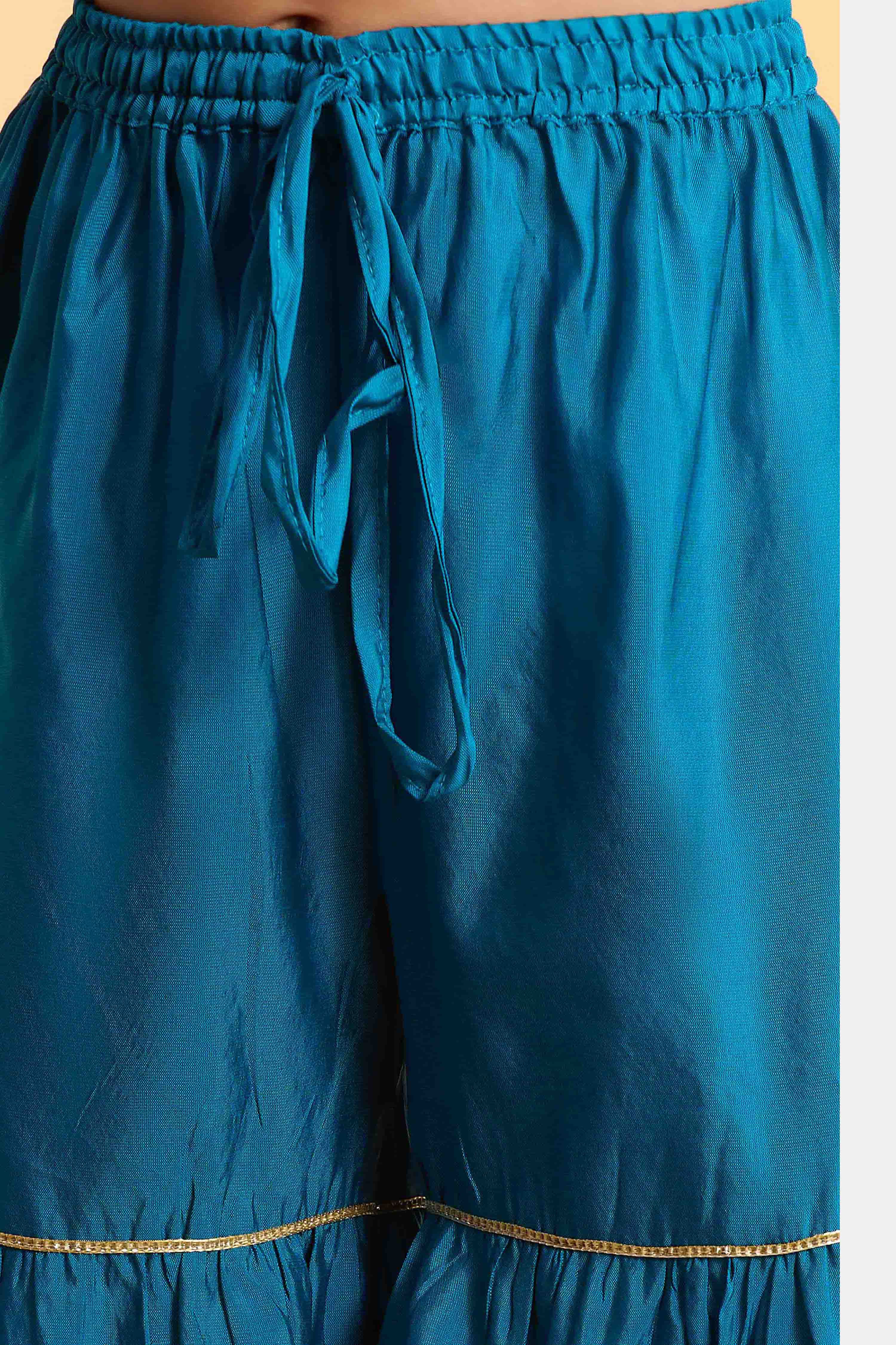 Teal Blue Brocade Yoke Design Short Kurta Set image number 2