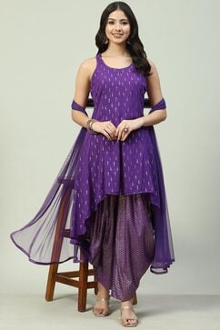 Purple Cotton Blend Asymmetric Printed Kurta Suit Set image number 0