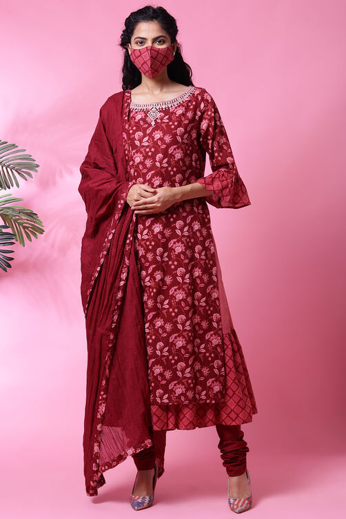 Maroon Cotton Double Layered Kurta Churidar Suit Set image number 0