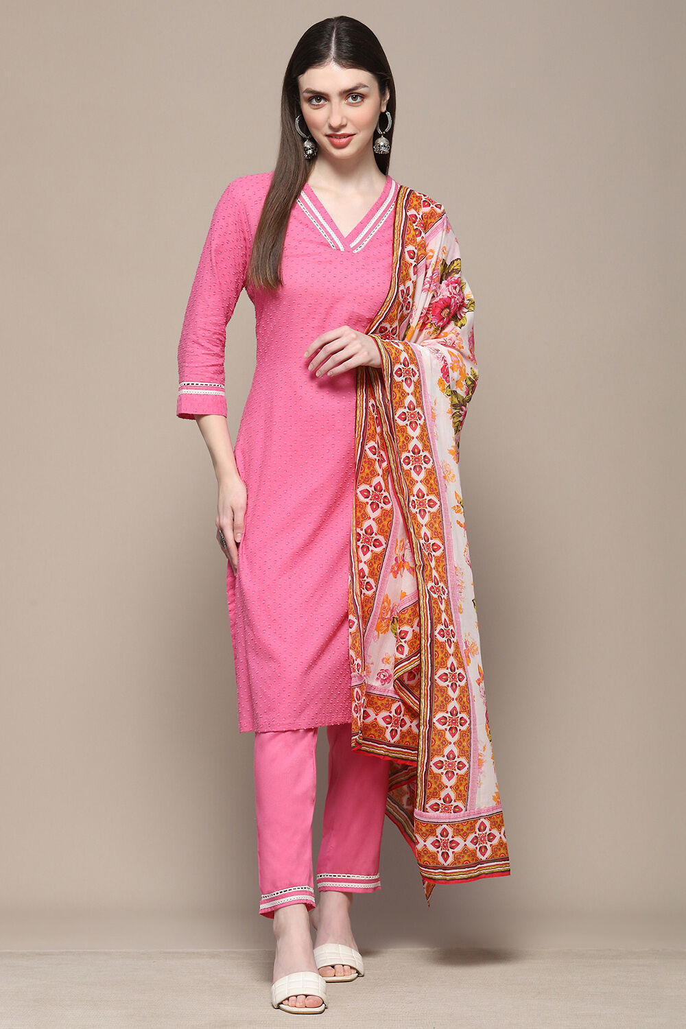 Pink Cotton Straight Kurta & Pants Suit Set image number 7
