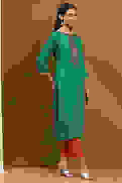 Green Straight Rayon Kurta image number 4