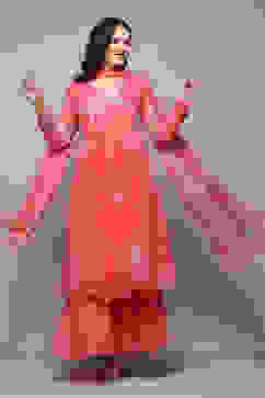 Pink Polyester Gathered Kurta Sharara Suit Set image number 0