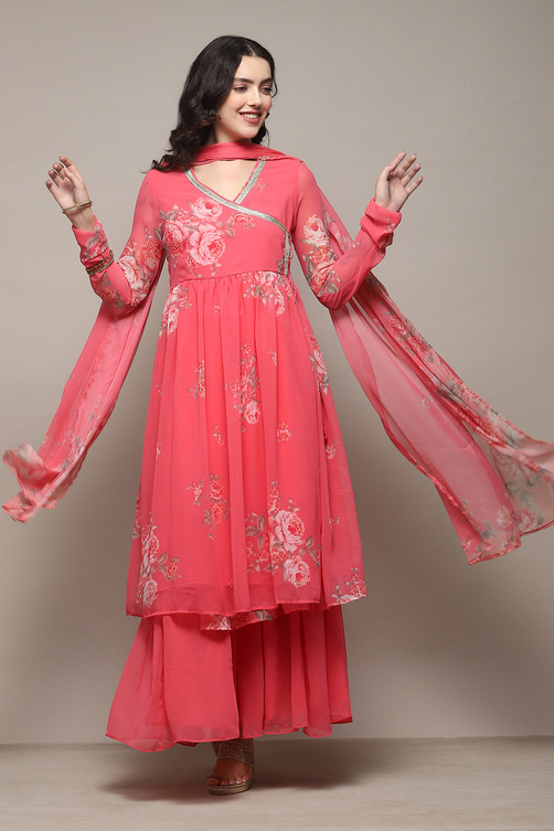 Buy Pink Polyester Gathered Kurta Sharara Suit Set Online at Biba