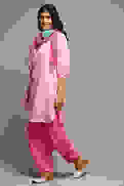 Pink Rayon Straight Kurta Cross Yoke Salwar Suit Set image number 5